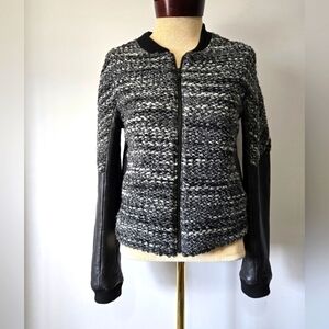 DANIER Black and White Wool Knit and Genuine Leather Moto Jacket. Size XS